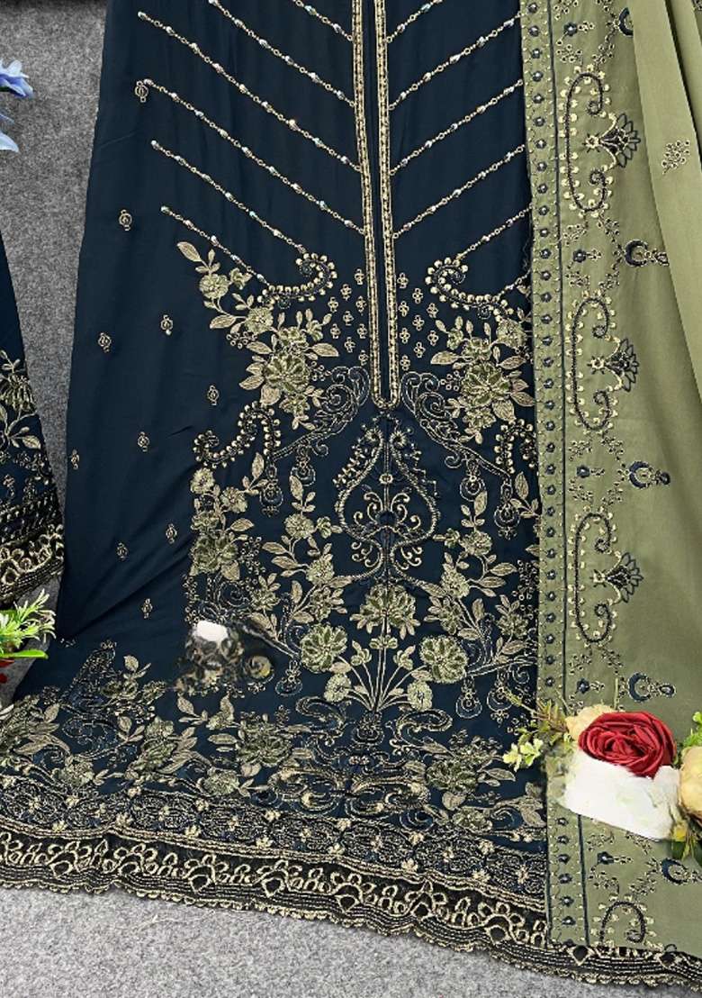 Teal Blue Embroidered Georgette Salwar Kameez Set - Indya