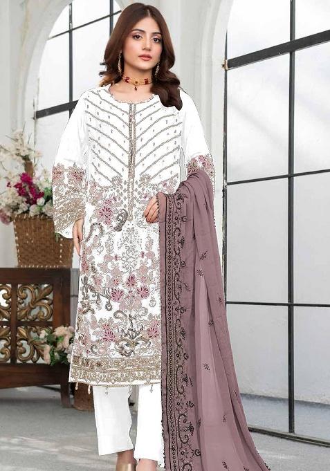 White Embroidered Georgette Salwar Kameez Set