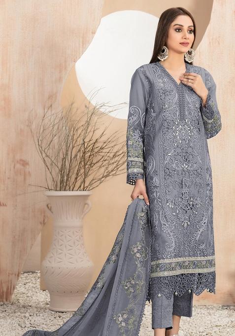Grey Embroidered Georgette Salwar Kameez Set