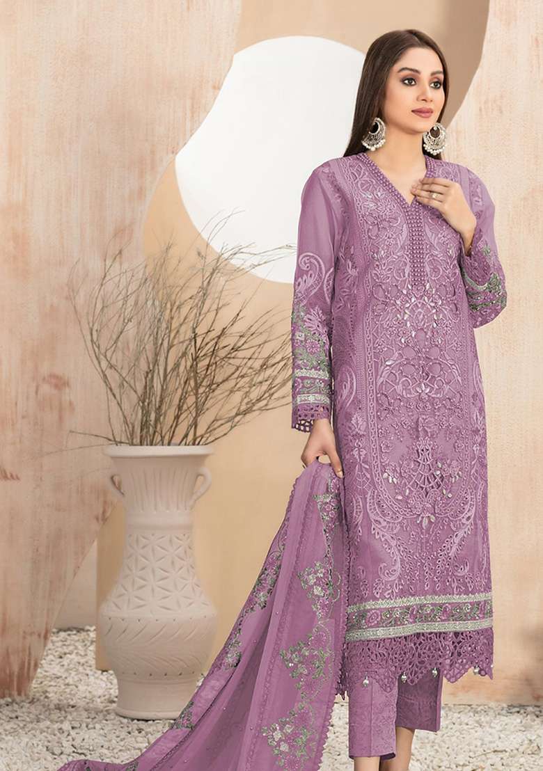 Lavender Embroidered Georgette Salwar Kameez Set - Indya