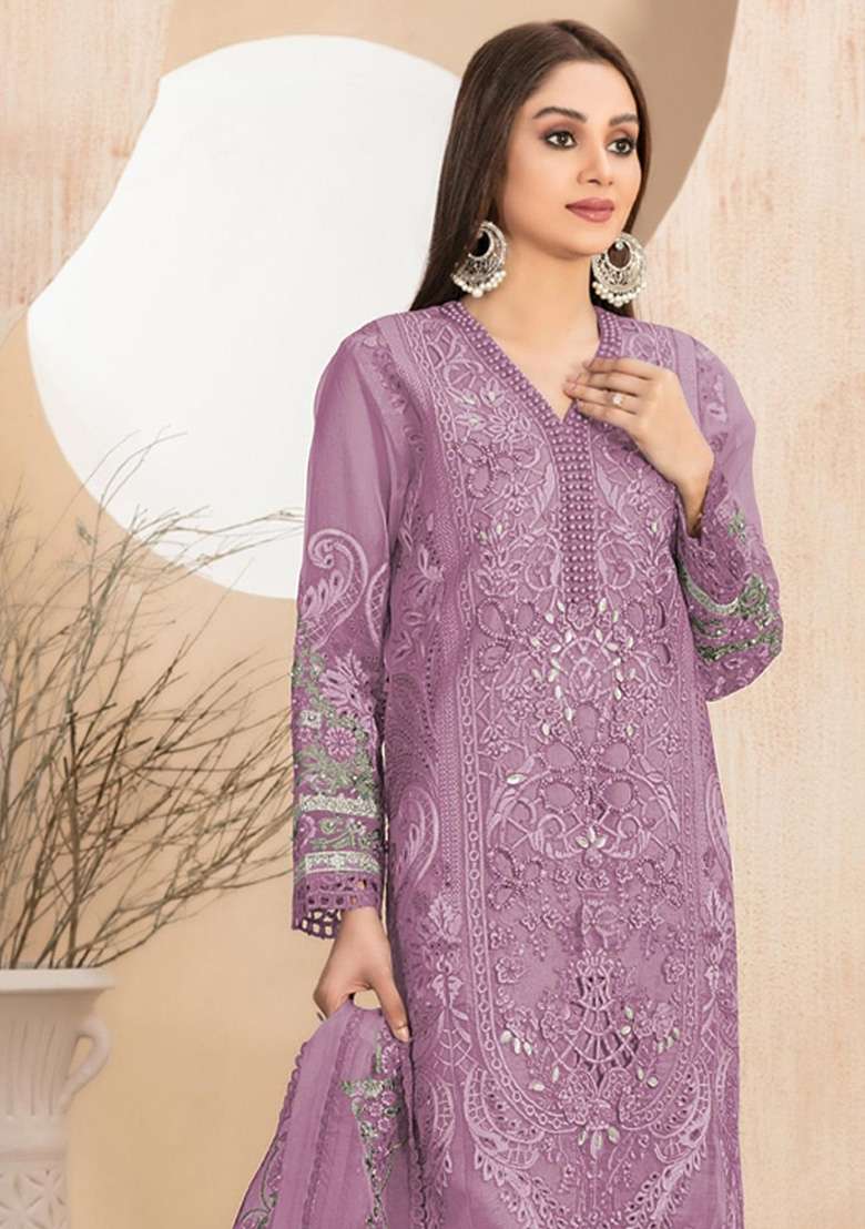 Lavender Embroidered Georgette Salwar Kameez Set - Indya