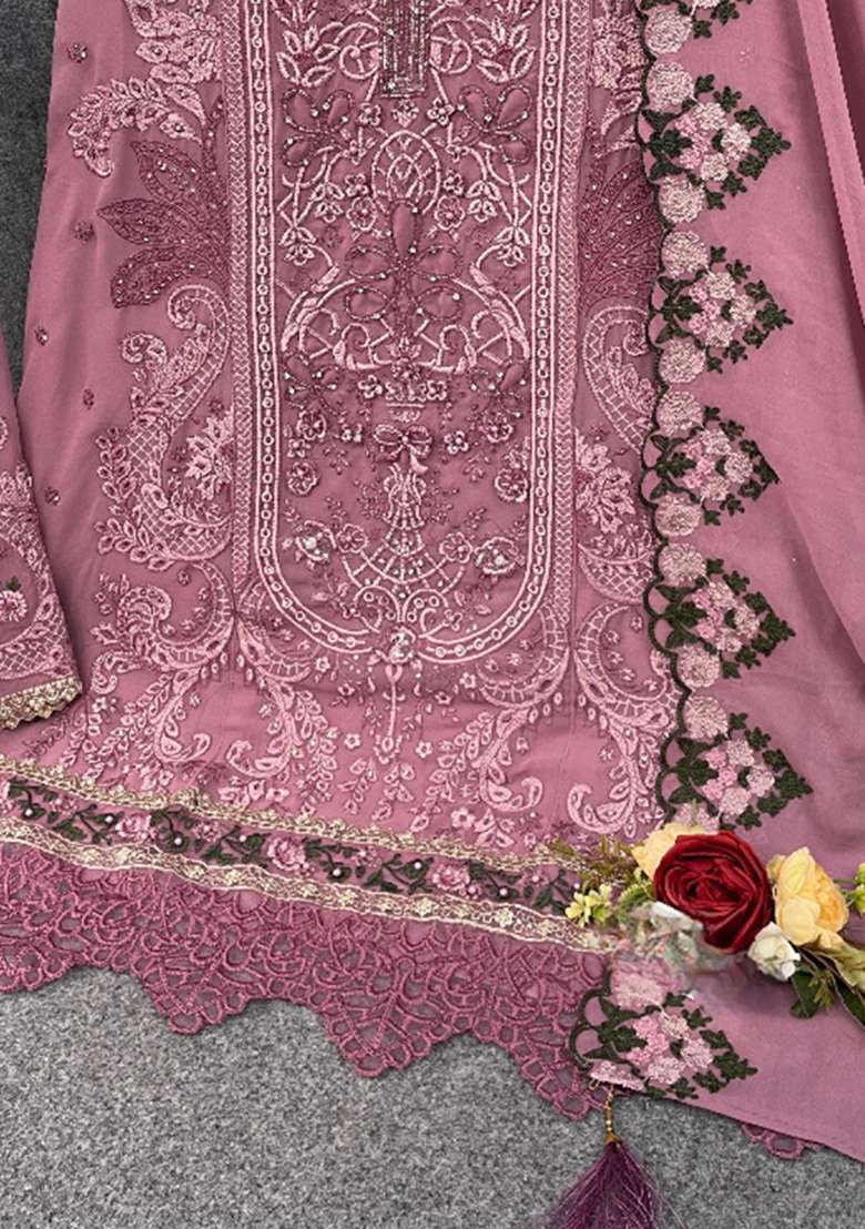Lavender Embroidered Georgette Salwar Kameez Set - Indya