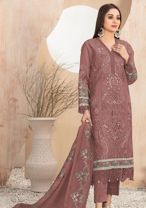 Brown Embroidered Georgette Salwar Kameez Set