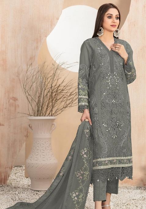 Dark Grey Embroidered Georgette Salwar Kameez Set