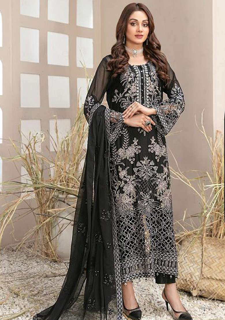 Black Embroidered Georgette Pakistani Suit Set - Indya