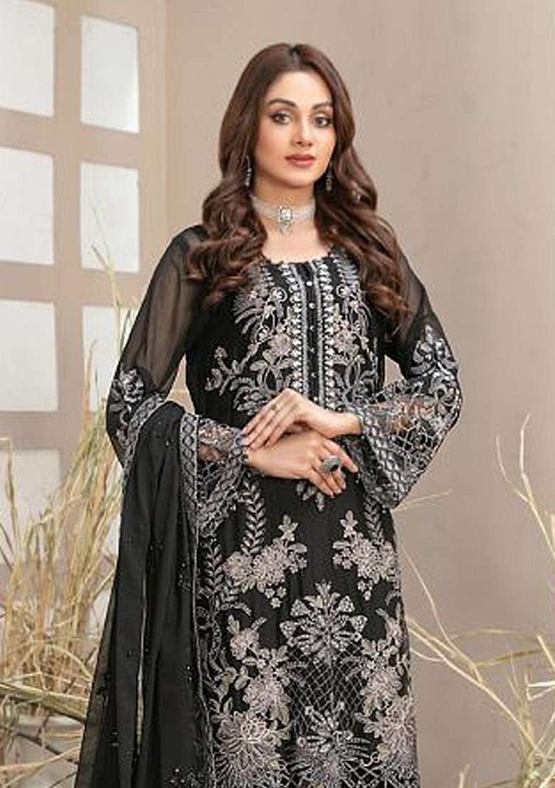 Black Embroidered Georgette Pakistani Suit Set - Indya