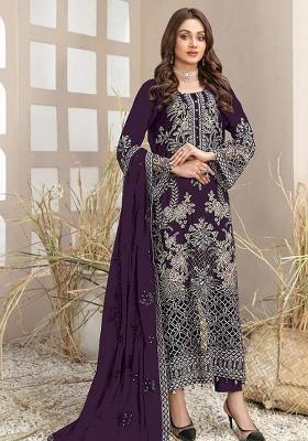Dark Purple Embroidered Georgette Salwar Kameez Set
