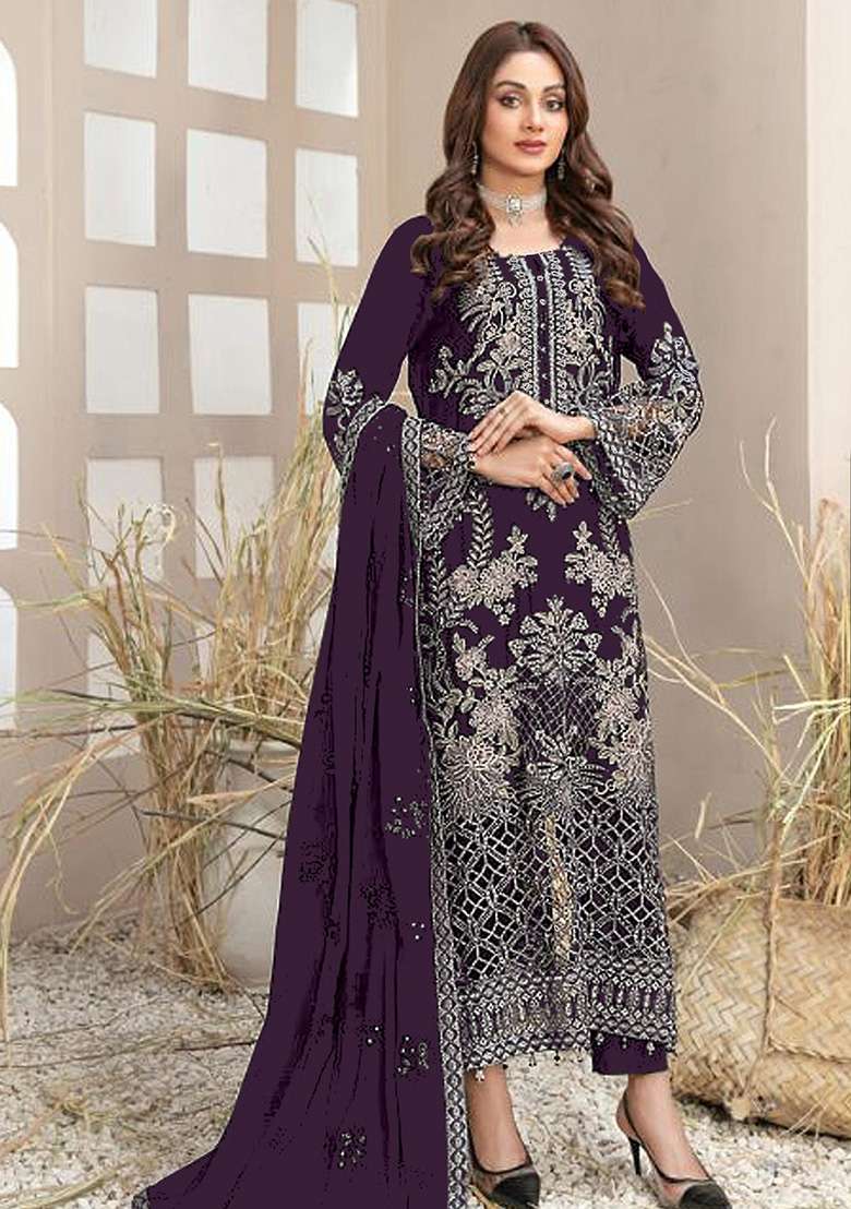 Dark Purple Embroidered Georgette Pakistani Suit Set - Indya
