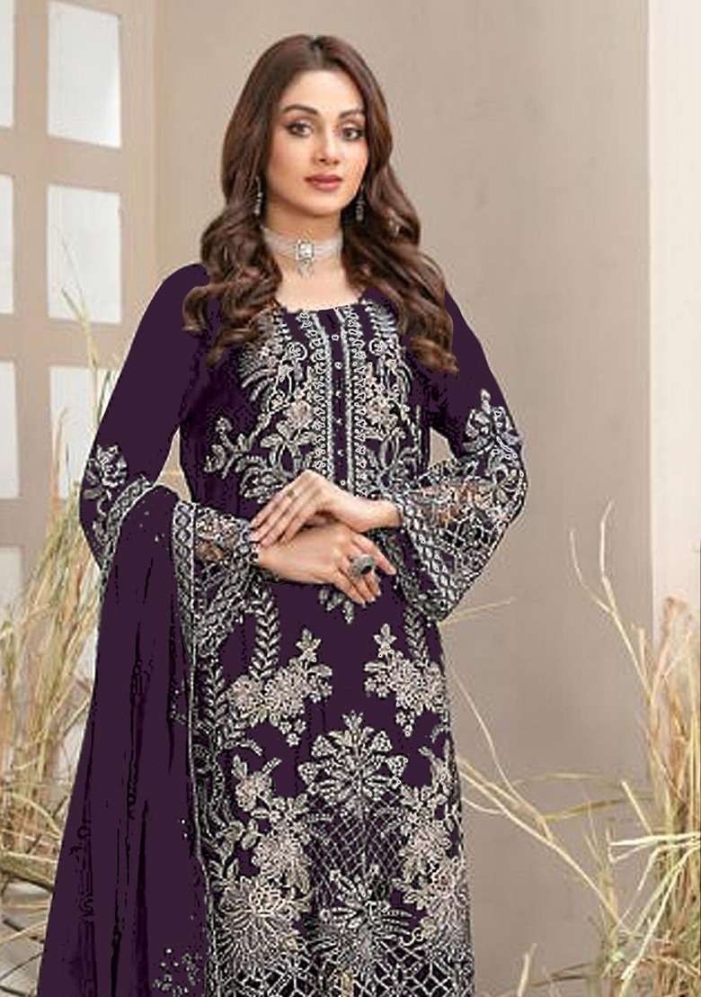 Dark Purple Embroidered Georgette Pakistani Suit Set - Indya