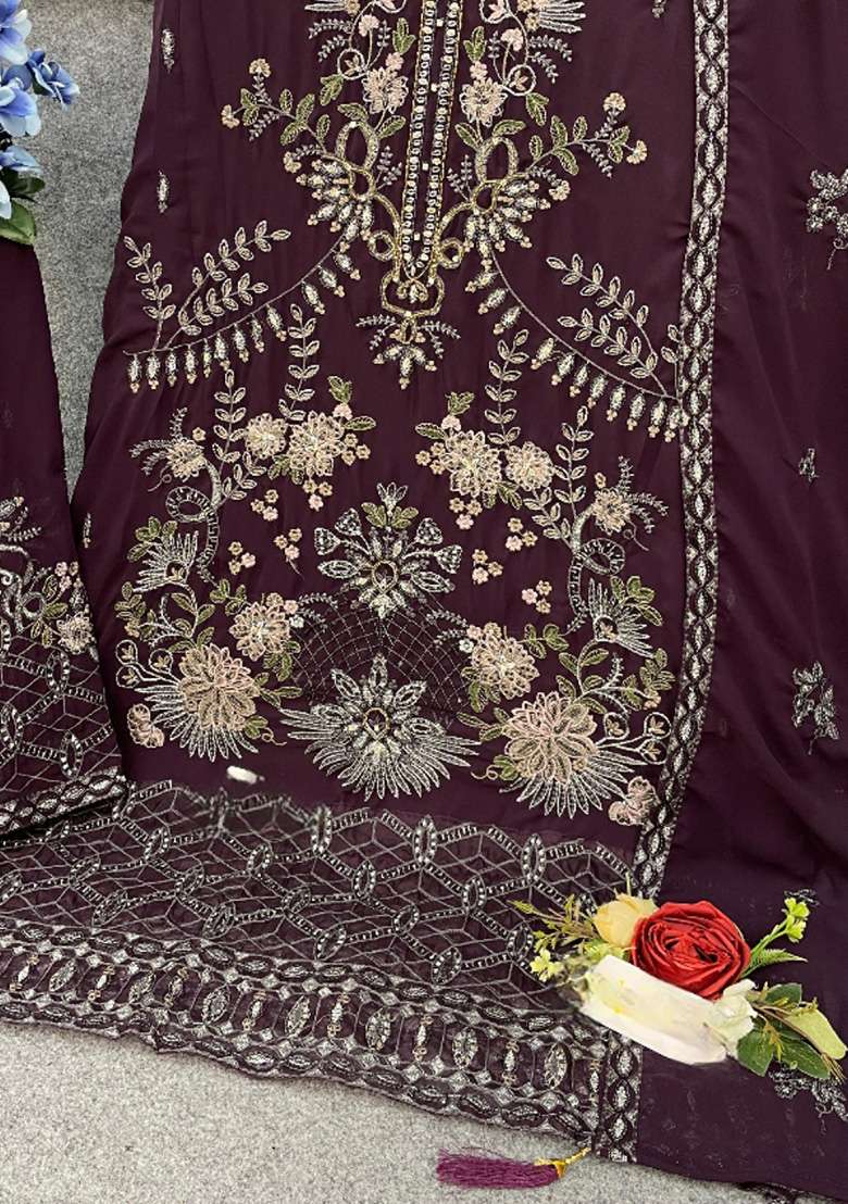 Dark Purple Embroidered Georgette Pakistani Suit Set - Indya