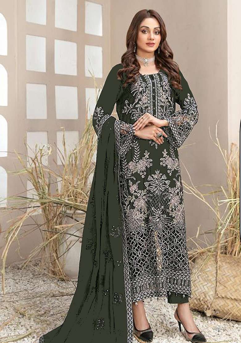 Dark Green Embroidered Georgette Pakistani Suit Set - Indya