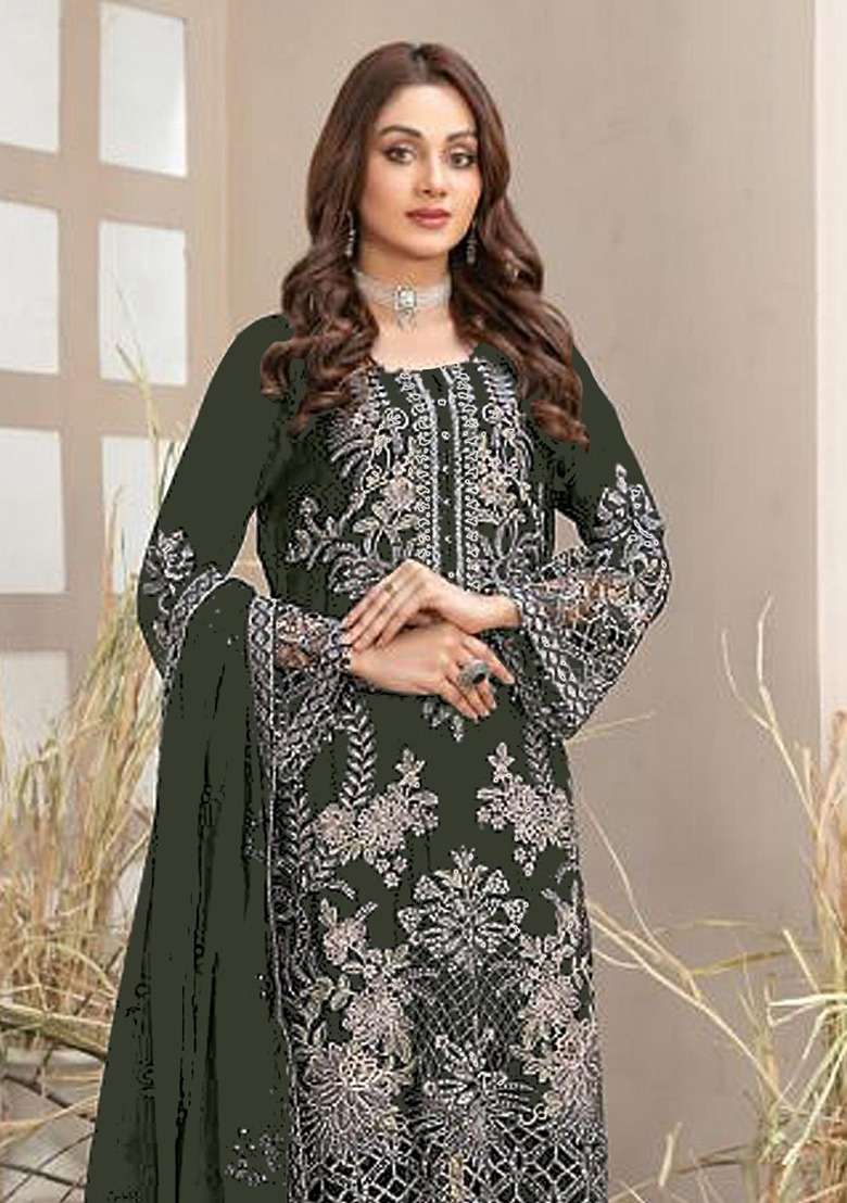 Dark Green Embroidered Georgette Pakistani Suit Set - Indya