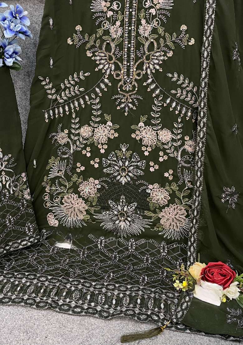 Dark Green Embroidered Georgette Pakistani Suit Set - Indya