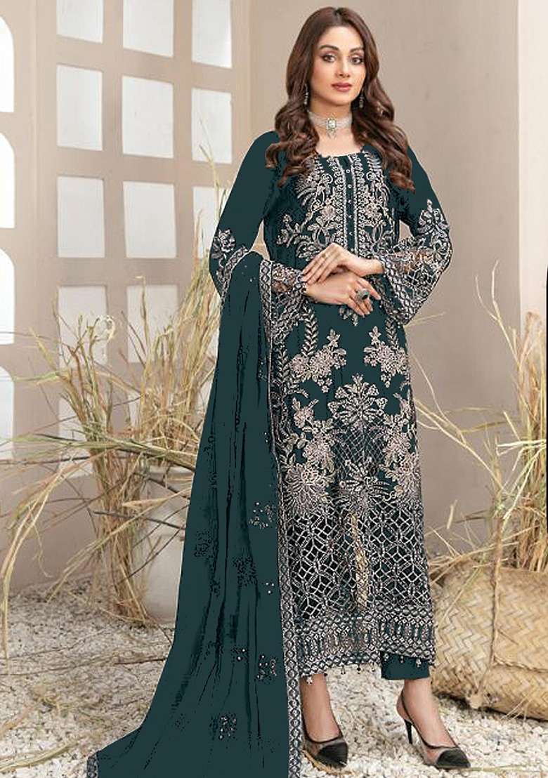 Teal Blue Embroidered Georgette Pakistani Suit Set - Indya