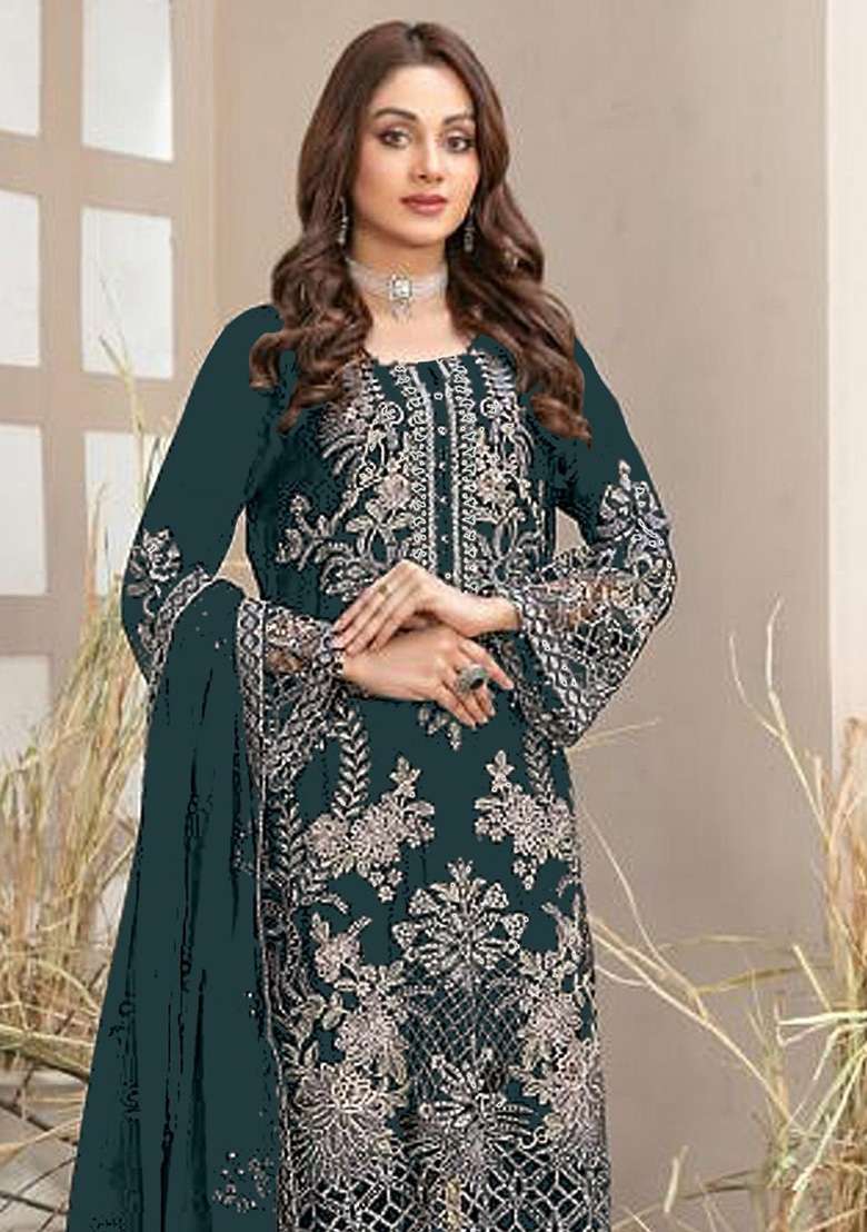 Teal Blue Embroidered Georgette Pakistani Suit Set - Indya