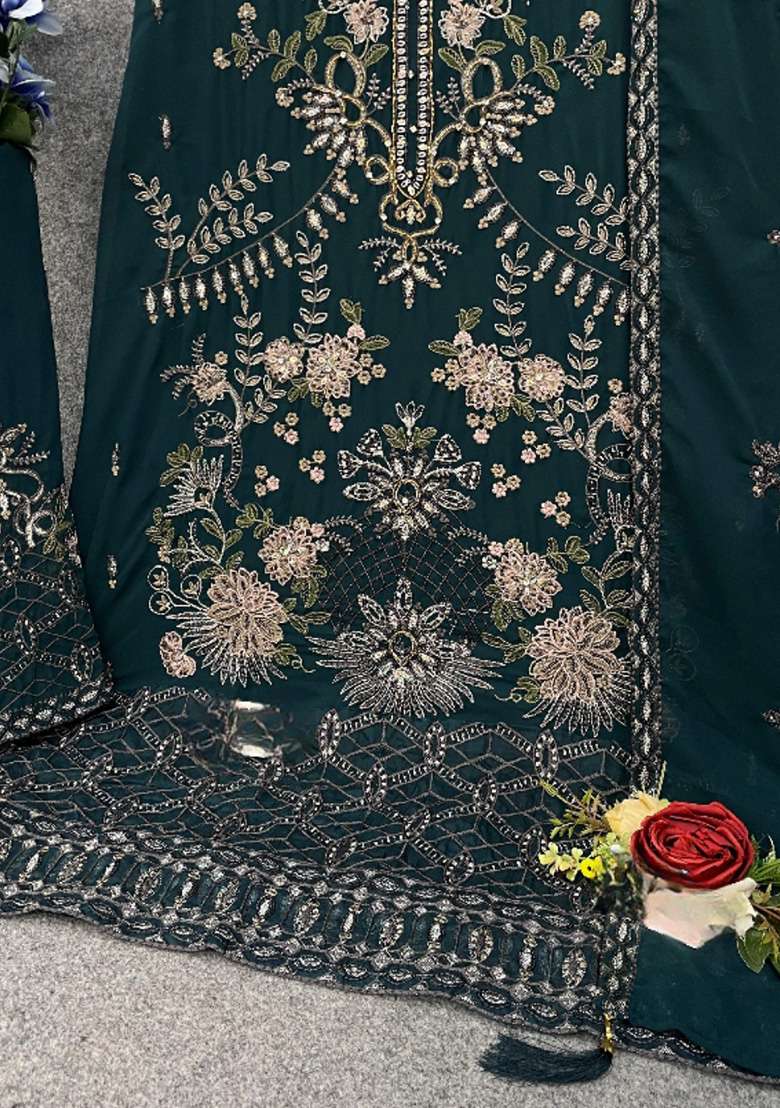Teal Blue Embroidered Georgette Pakistani Suit Set - Indya