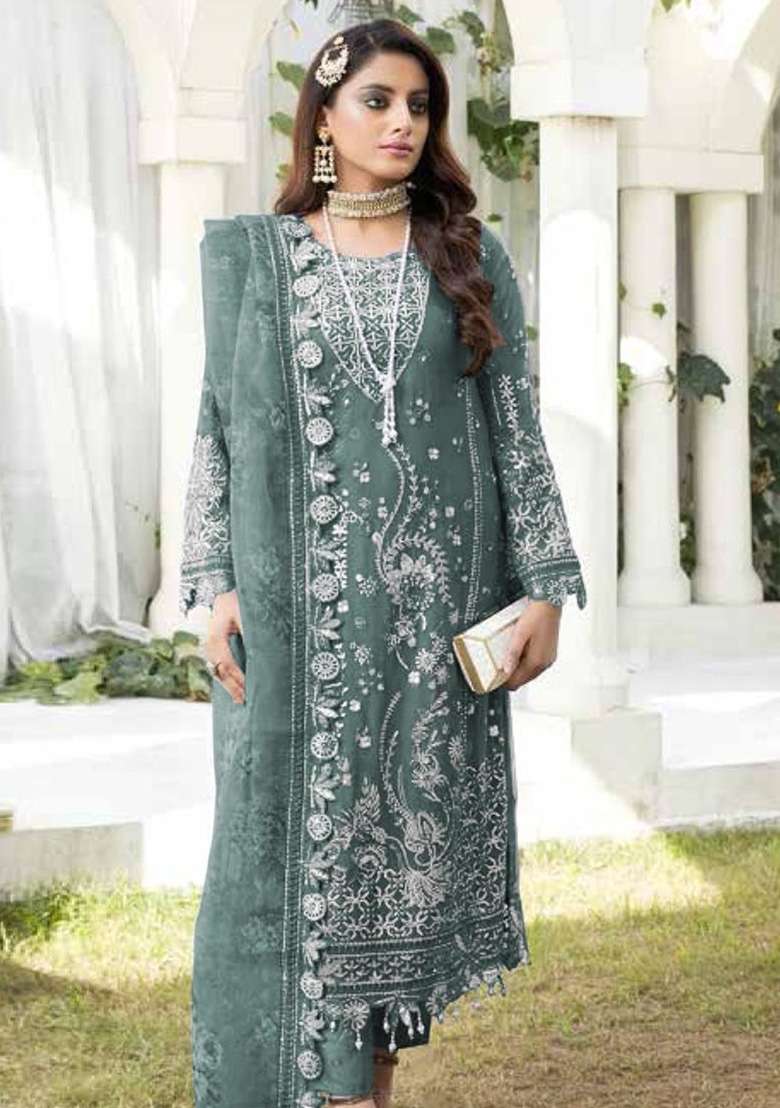 Sky Blue Embroidered Georgette Pakistani Suit Set - Indya