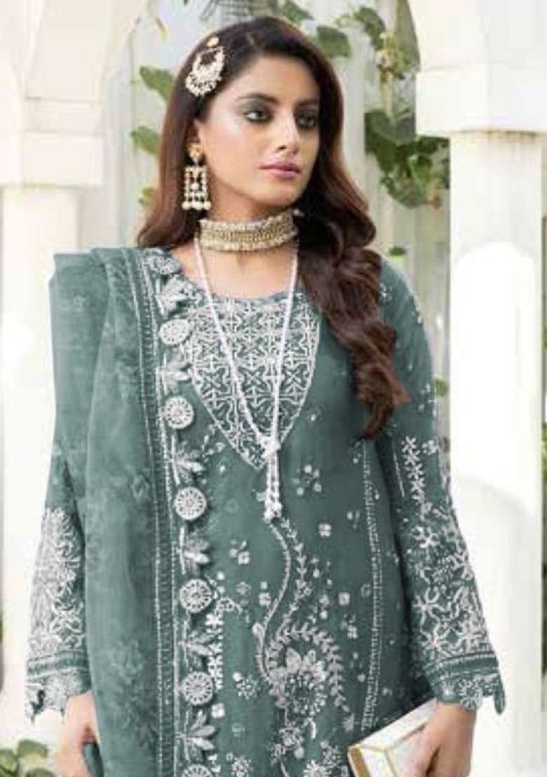 Sky Blue Embroidered Georgette Pakistani Suit Set - Indya