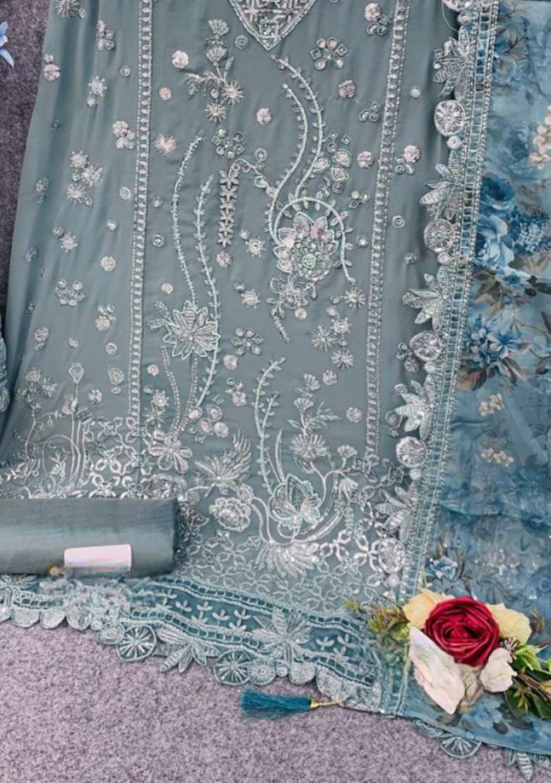Sky Blue Embroidered Georgette Pakistani Suit Set - Indya