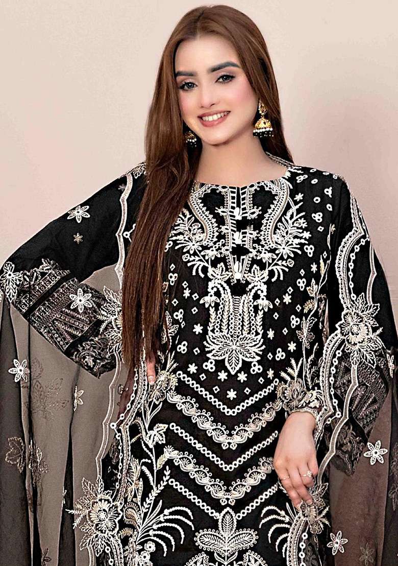 Black Embroidered Georgette Pakistani Suit Set - Indya