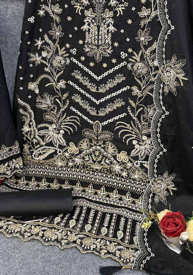 Black Embroidered Georgette Pakistani Suit Set - Indya