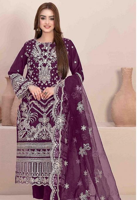 Purple Embroidered Georgette Salwar Kameez Set