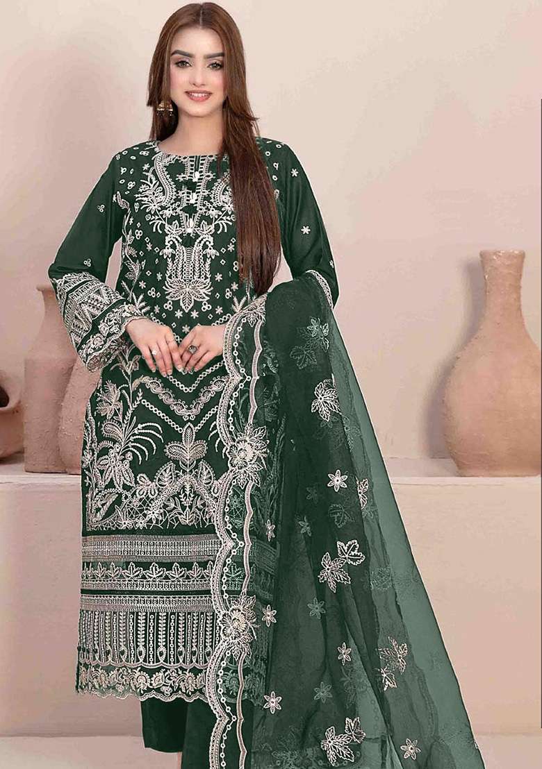 Green Embroidered Georgette Pakistani Suit Set - Indya