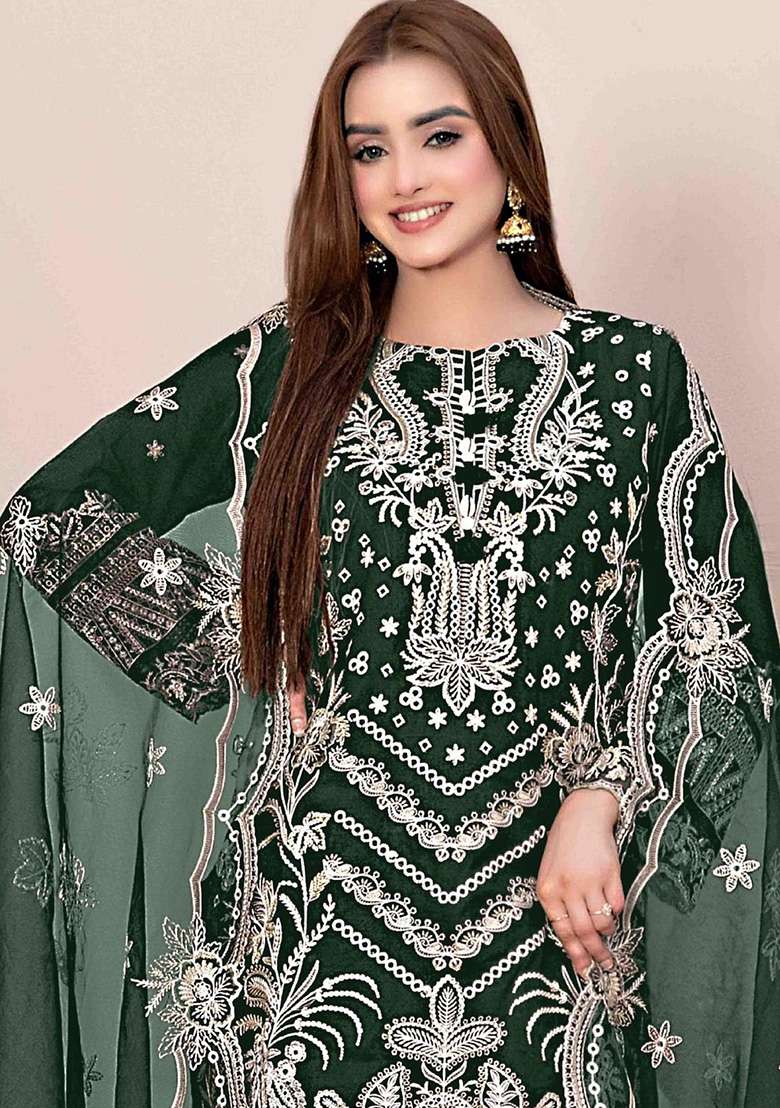 Green Embroidered Georgette Pakistani Suit Set - Indya