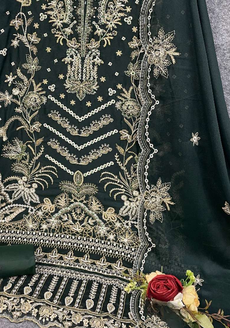 Green Embroidered Georgette Pakistani Suit Set - Indya