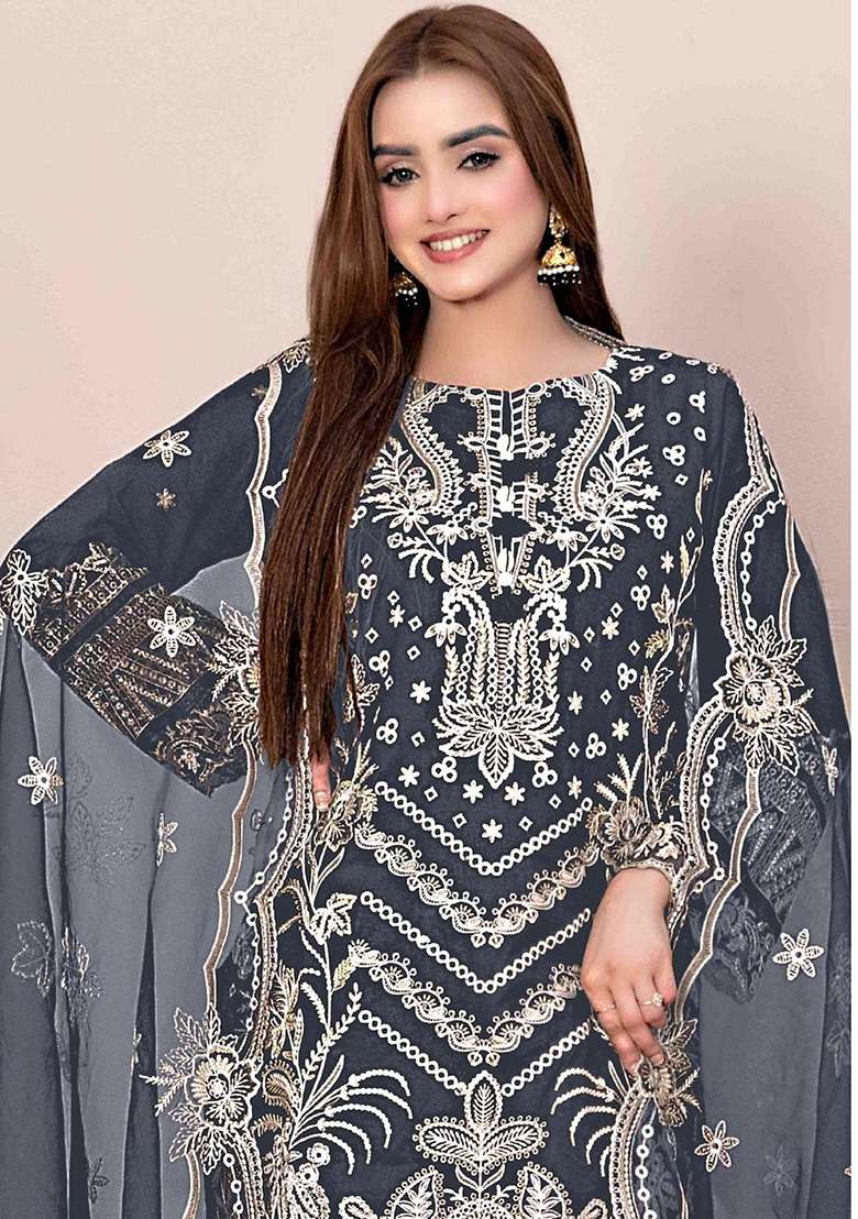 Grey Embroidered Georgette Pakistani Suit Set - Indya