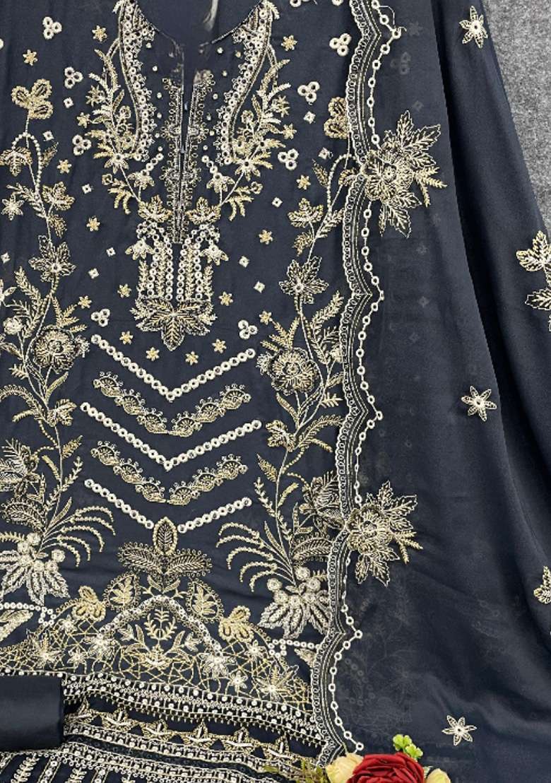Grey Embroidered Georgette Pakistani Suit Set - Indya