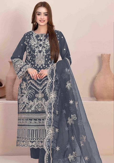Grey Embroidered Georgette Salwar Kameez Set