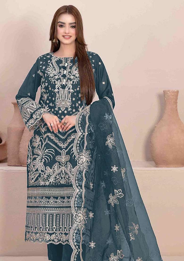 Teal Blue Embroidered Georgette Pakistani Suit Set - Indya