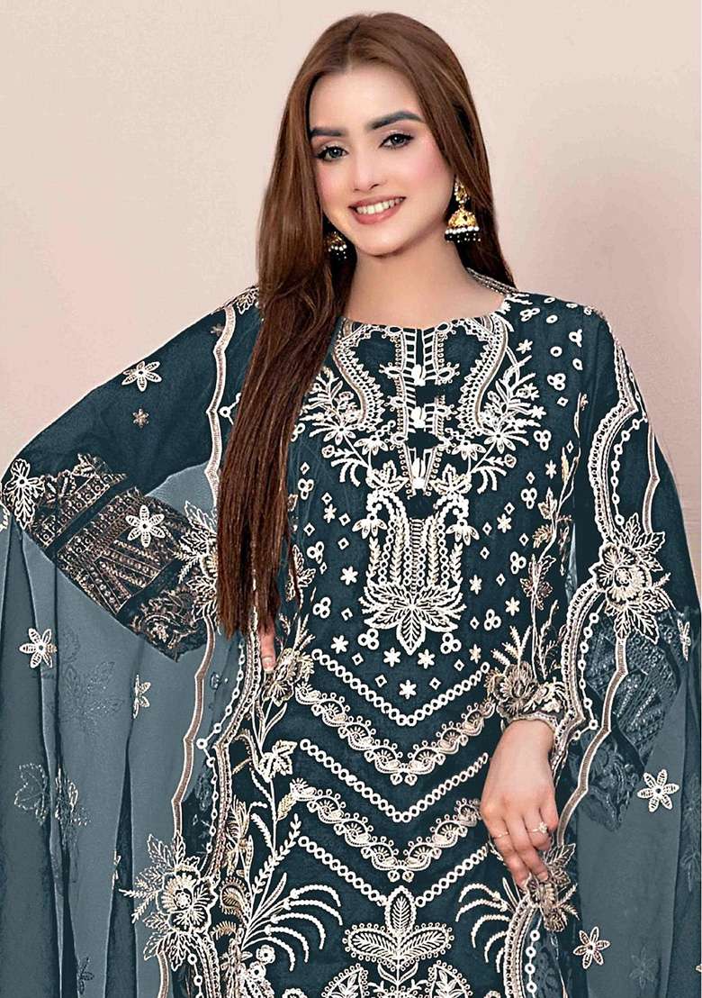 Teal Blue Embroidered Georgette Pakistani Suit Set - Indya