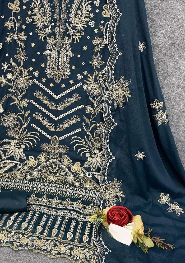 Teal Blue Embroidered Georgette Pakistani Suit Set - Indya