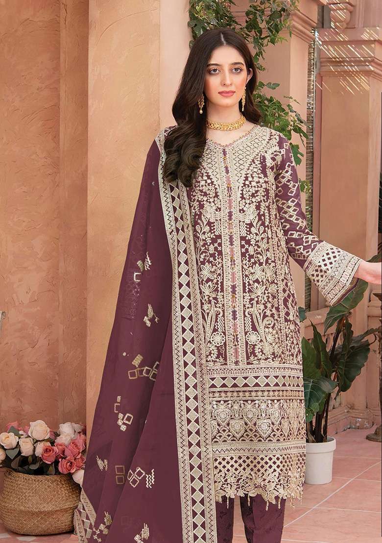 Maroon Embroidered Organza Salwar Kameez Set - Indya