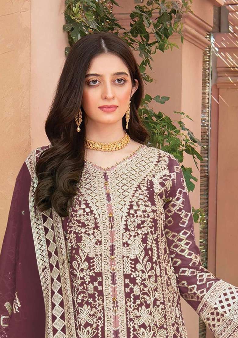 Maroon Embroidered Organza Salwar Kameez Set - Indya