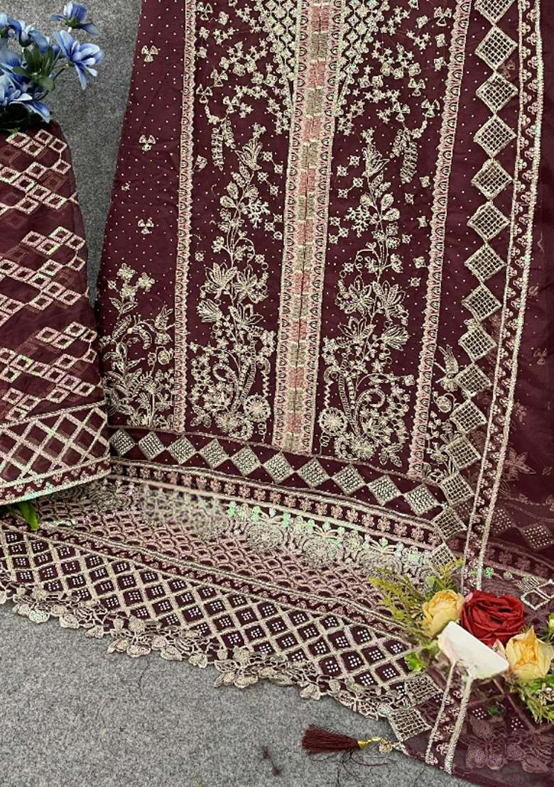 Maroon Embroidered Organza Salwar Kameez Set - Indya