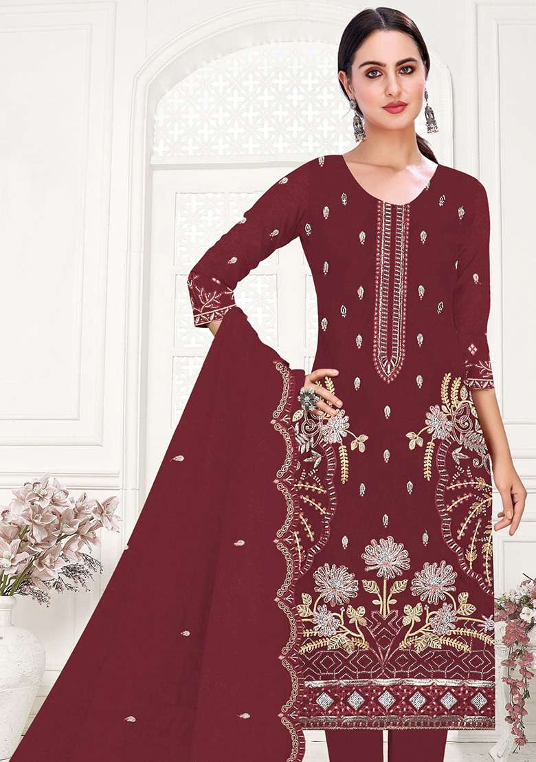 Maroon Embroidered Organza Salwar Kameez Set - Indya