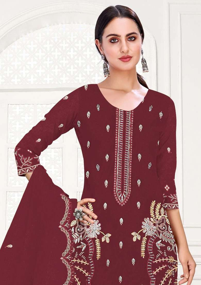 Maroon Embroidered Organza Salwar Kameez Set - Indya