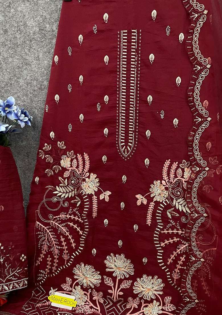 Maroon Embroidered Organza Salwar Kameez Set - Indya