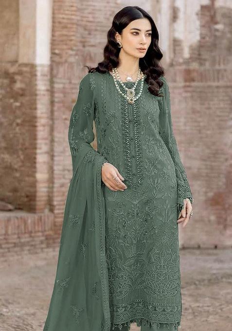 Green Embroidered Georgette Salwar Kameez Set