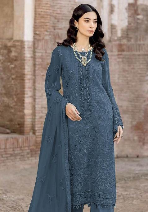 Blue Embroidered Georgette Salwar Kameez Set