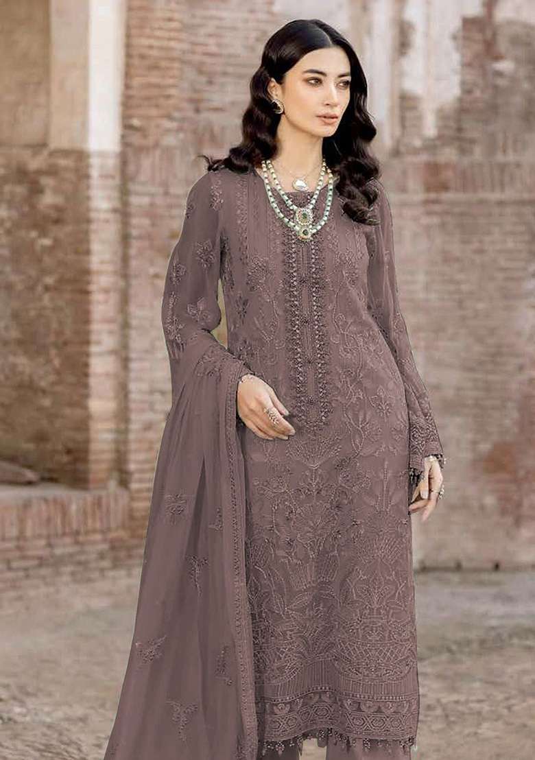 Brown Embroidered Georgette Pakistani Suit Set - Indya