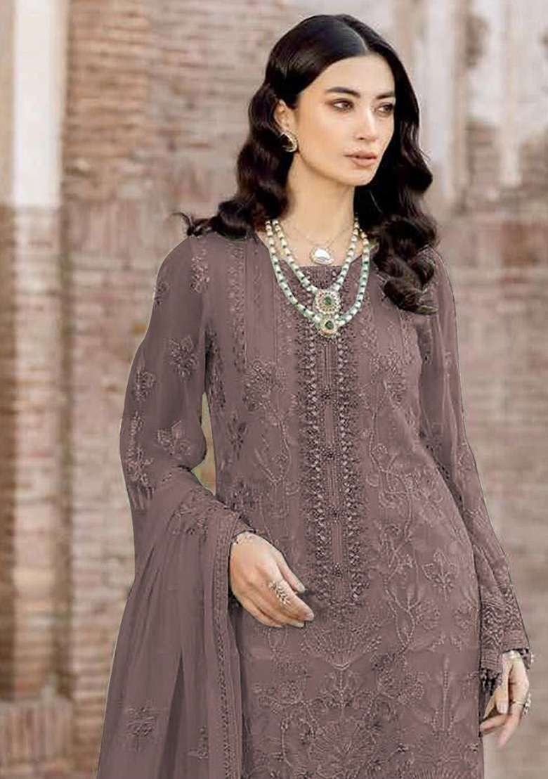 Brown Embroidered Georgette Pakistani Suit Set - Indya