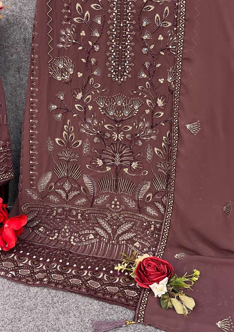 Brown Embroidered Georgette Pakistani Suit Set - Indya
