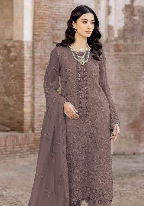 Brown Embroidered Georgette Salwar Kameez Set