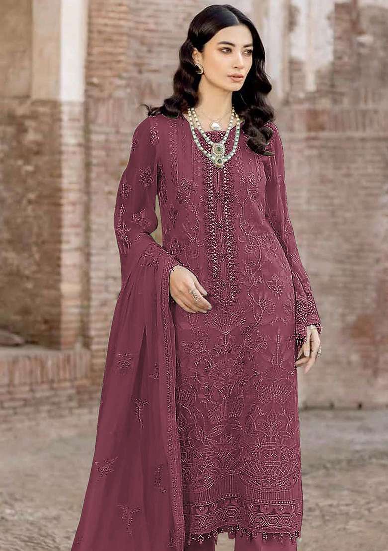 Maroon Embroidered Georgette Pakistani Suit Set - Indya