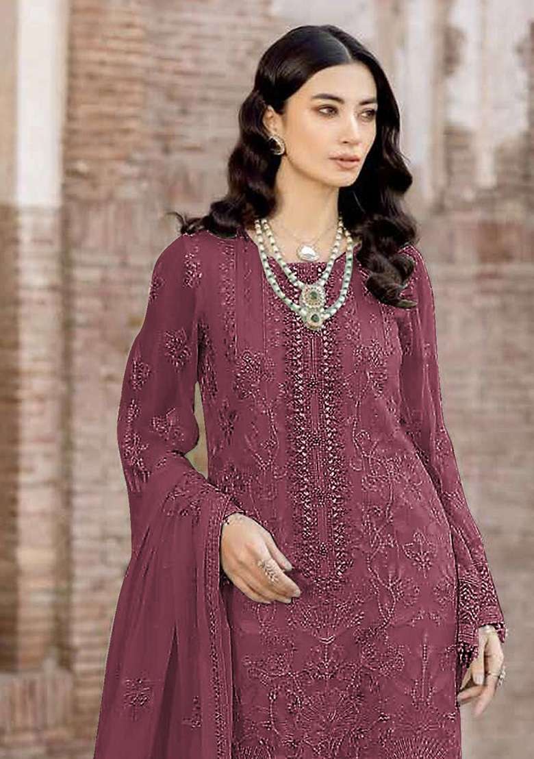 Maroon Embroidered Georgette Pakistani Suit Set - Indya