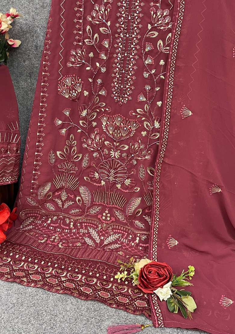 Maroon Embroidered Georgette Pakistani Suit Set - Indya